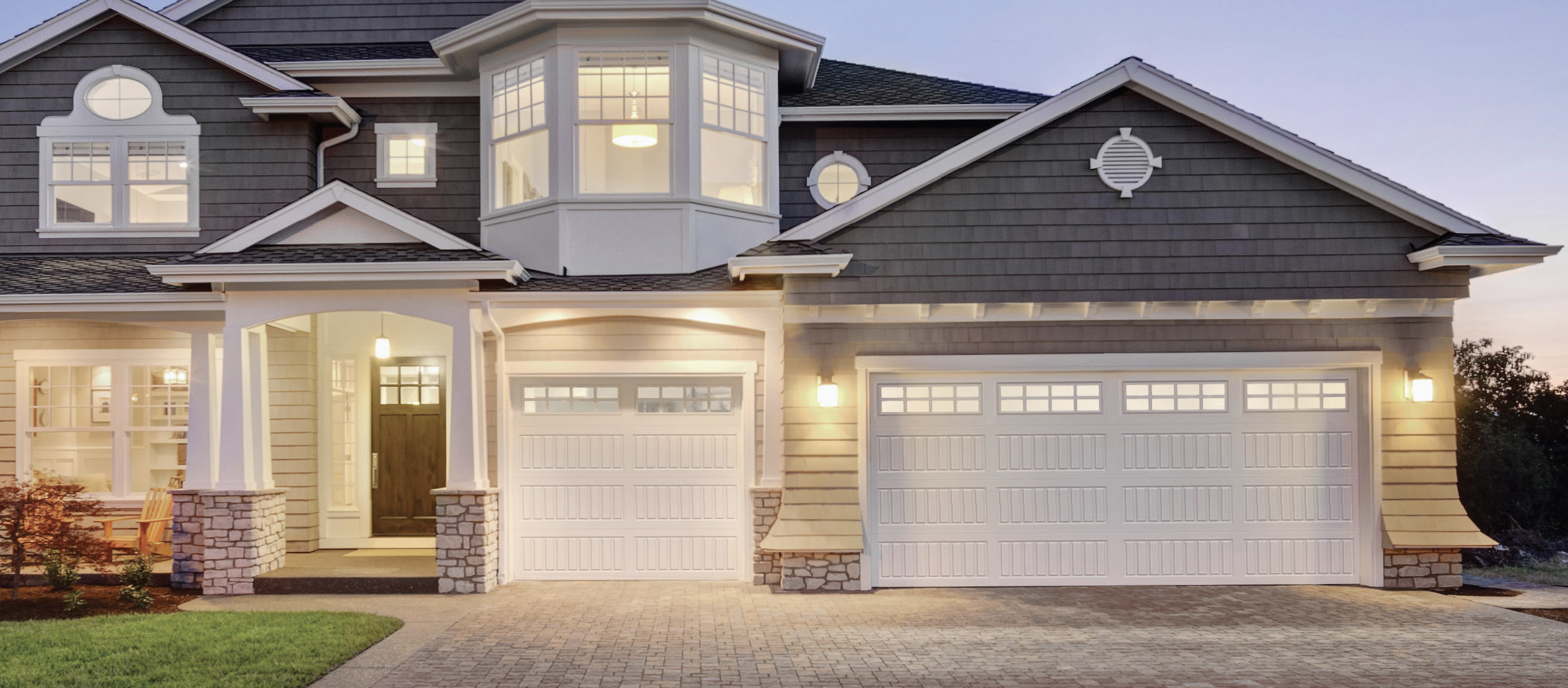 Home with Long panel Carriage garage doors
